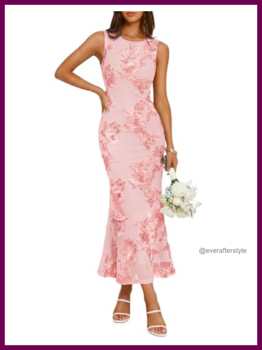 Floral Mesh Bodycon Midi Dress with Back Slit Sleeveless Cocktail Wedding Guest
